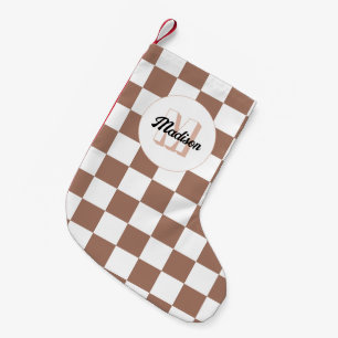 Schachbrettquadrate Mocha Braun Weiß Retro Monogra Kleiner Weihnachtsstrumpf