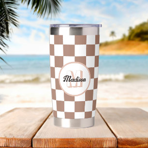 Schachbrettquadrate Mocha Braun Weiß Retro Monogra Thermobecher
