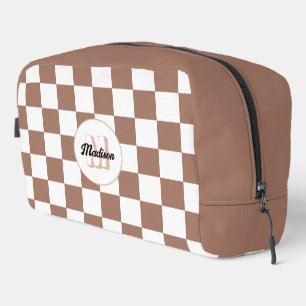 Schachbrettquadrate Mocha Braun Weiß Retro-Monogra Waschbeutel