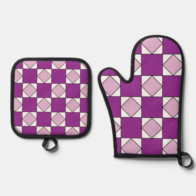 Schachbretts Lila Square Diamond Schachbretts Ofenhandschuh & Topflappen-Set (Vorderseite)