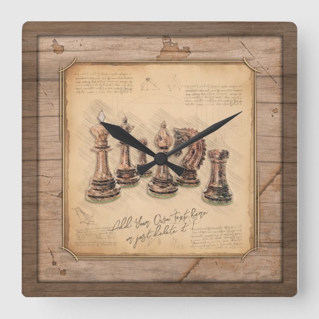 Schachfiguren auf Grunge-Holzbrett-Geschenk Quadratische Wanduhr (Vorderseite)