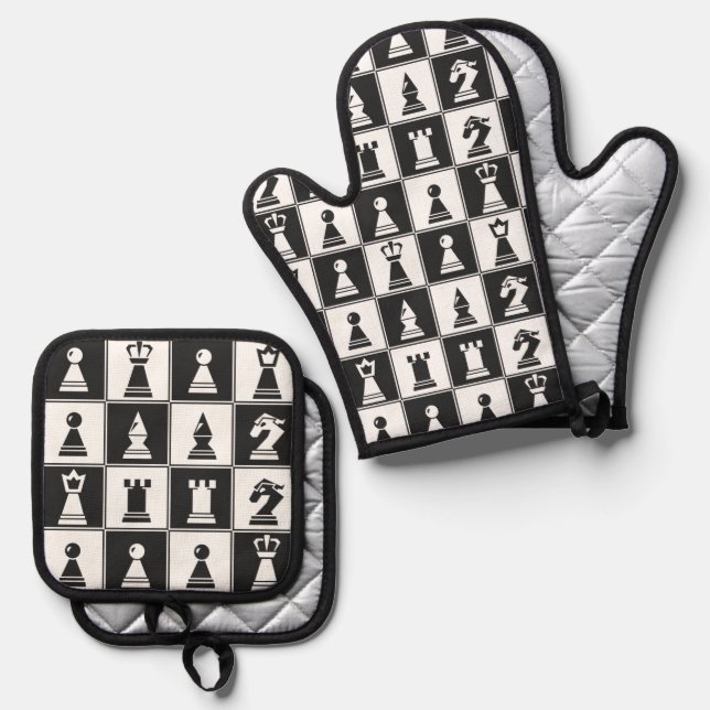 Schachfiguren Design Ofen Mitt & Pot Holder Set (Vorderseite/Rückseite)