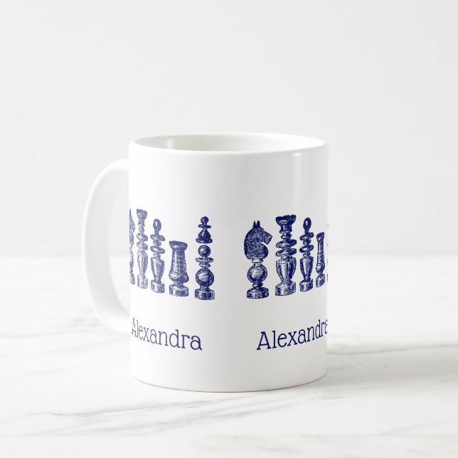Schachfiguren Vintag Art Blue Kaffeetasse (Vorderseite Links)
