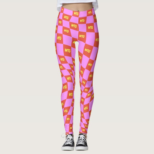 Schachgelb-Nebel, rosa orange, mit Monogramm Leggings (Vorderseite)