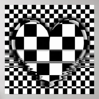 Schachiges Herz Op Art Schwarz-Weiß-Poster Poster