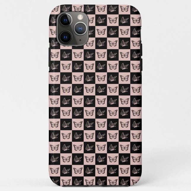 Schachiges rosa und schwarzes Schmetterlingsmuster Case-Mate iPhone Hülle (Rückseite)