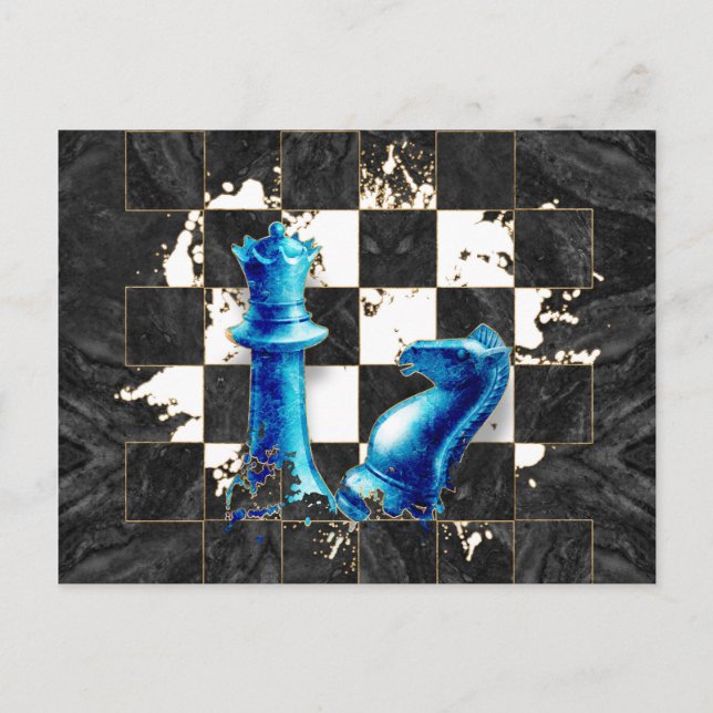 Schachkönigin und Ritter - Blauer Marmor Postkarte (Vorderseite)