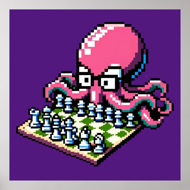 Schachmeister Octopus - Funny Pixel Art Strategy Poster (Vorne)