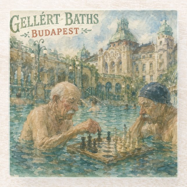 Schachpartie Gellert-Bäder Budapest Ungarn Glasuntersetzer (Vorderseite)