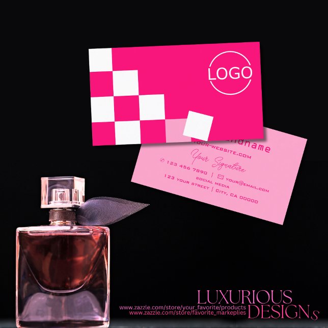 Schachrosa und Weiß mit Logo Stilvoll Visitenkarte (Von Creator hochgeladen)