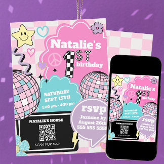 Schachroter Retro Groovy Disco 1. Geburtstag Party Einladung