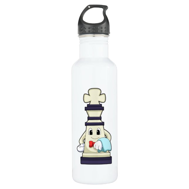 Schachstück König als Kellner mit Handtuch Edelstahlflasche (Vorderseite)