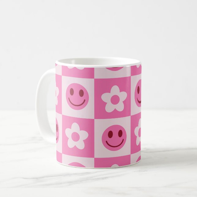Schachte Blume und glückliche Gesichter rosa Kaffeetasse (Vorderseite Links)