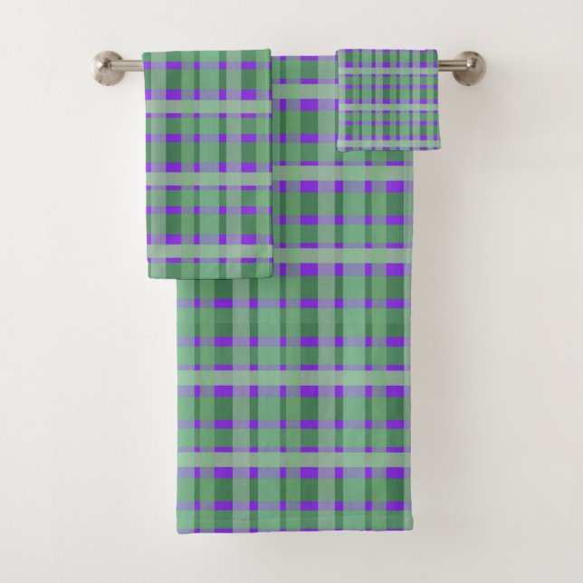 Schachte Karierte Tartan-Streifen auf Lila Badhandtuch Set (Insitu)