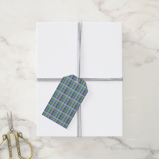 Schachte Karierte Tartan-Streifen auf Lila Geschenkanhänger (Mit Garn)