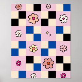 Schachtel Blume Farbige Karo Muster Rosa Blau Poster