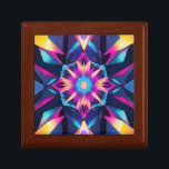 Schachtel für Holzschmuck Erinnerungskiste<br><div class="desc">Eine dynamische und dynamische abstrakte Komposition mit einer Reihe von scharfen geometrischen Formen und konvergierenden Linien. Das Kunstwerk zeichnet sich durch eine elektrische Farbpalette aus, die von Neon-Rosa, Hellblau, Gelb und Orange dominiert wird und ein futuristisches und dynamisches visuelles Erlebnis schafft. Die symmetrische Anordnung und die strahlenden Lichteffekte rufen ein...</div>