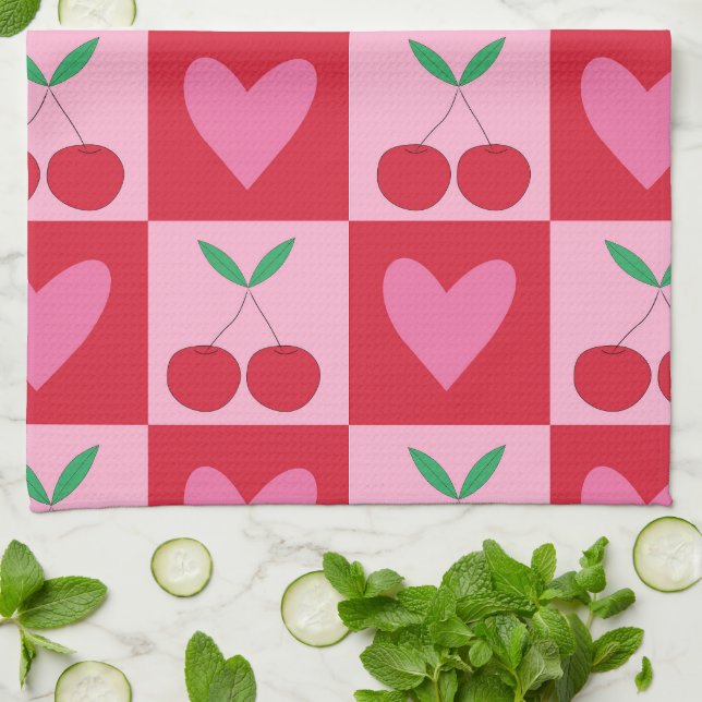 Schachtel und Muster für rosa Herzen Geschirrtuch (Gefaltet)