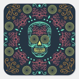 SCHÄDEL-Aufkleber-Siegel Dia de Los Muertos Neon Quadratischer Aufkleber