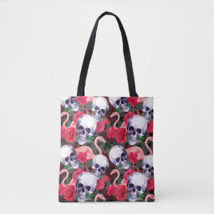 Schädel des Menschen mit Flamingo und rote Rose Bl
