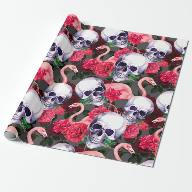 Schädel des Menschen mit Flamingo und rote Rose Bl Geschenkpapier (Ungerollt)