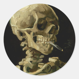 Schädel eines Skeletts mit brennender Zigarette Runder Aufkleber