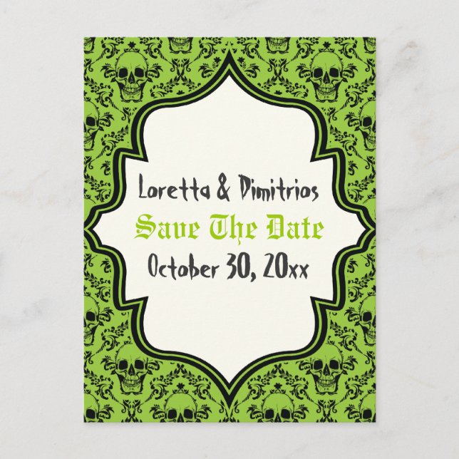 Schädel, grün, schwarz, Halloween Save the Date Ankündigungspostkarte (Vorderseite)