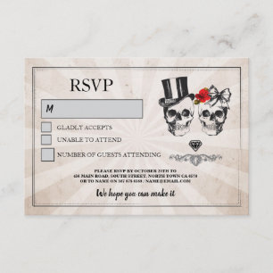 Schädel-Hochzeit-RSVP-Schädelrosen-rustikale Karte