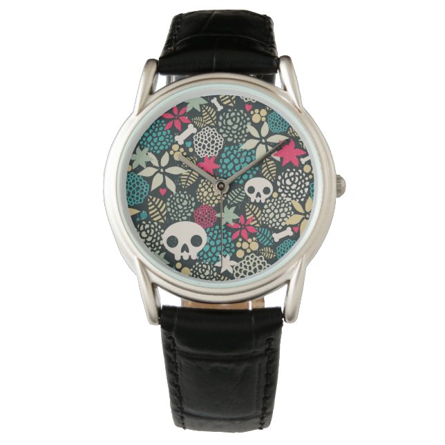 Schädel in Blume Armbanduhr (Vorderseite)