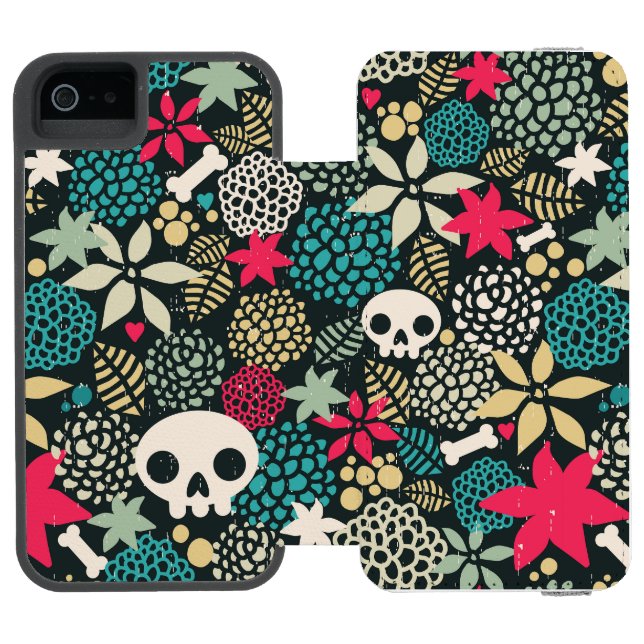 Schädel in Blume Incipio iPhone Geldbeutel-Hülle (Folio Geöffnet)