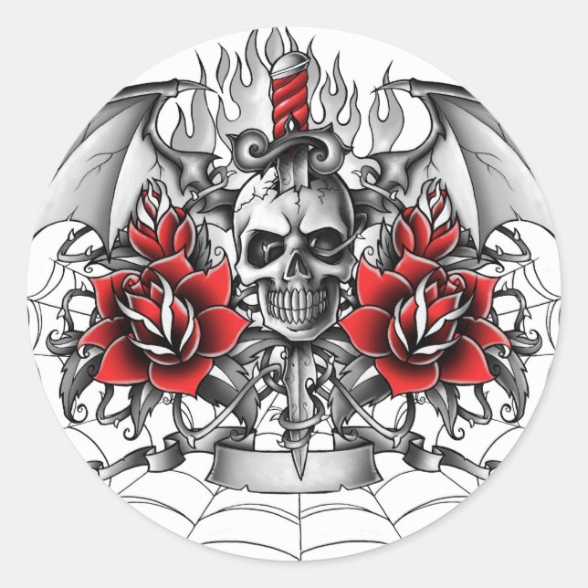 Schädel in Dagger mit Teufelsflügeln Runder Aufkleber (Vorderseite)