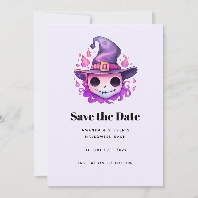 Schädel in einem Hexenhut Whimsical Save The Date (Vorderseite)