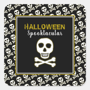 Schädel & Knochen, Goldene Halloween-Party Quadratischer Aufkleber