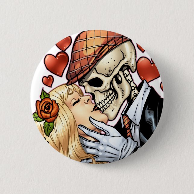 Schädel-Kuss mit Herzen und Rosen durch Al Rio Button (Vorderseite)
