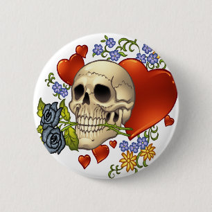 Schädel-Liebe - Schädel, Rosen und Herzen durch Button