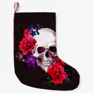 Schädel mit dunklen Blume und rote Rosen Kleiner Weihnachtsstrumpf