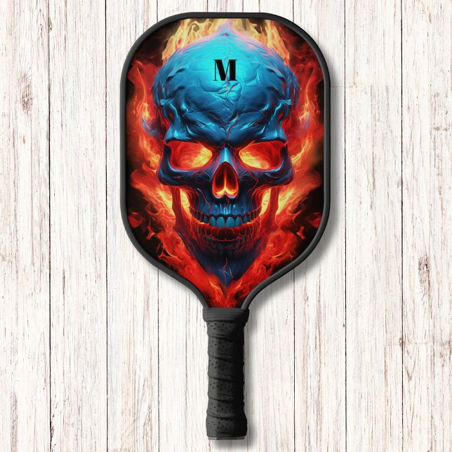 Schädel mit Flammen Modernes Monogramm Pickleball Schläger (Von Creator hochgeladen)