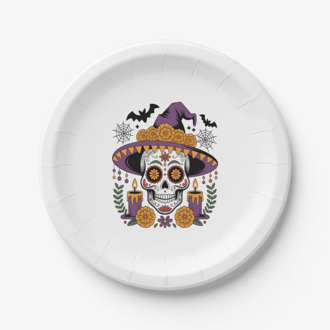 Schädel mit Hexenhutsieb Halloween Vector Pappteller (Vorderseite)