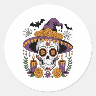 Schädel mit Hexenhutsieb Halloween Vector Runder Aufkleber