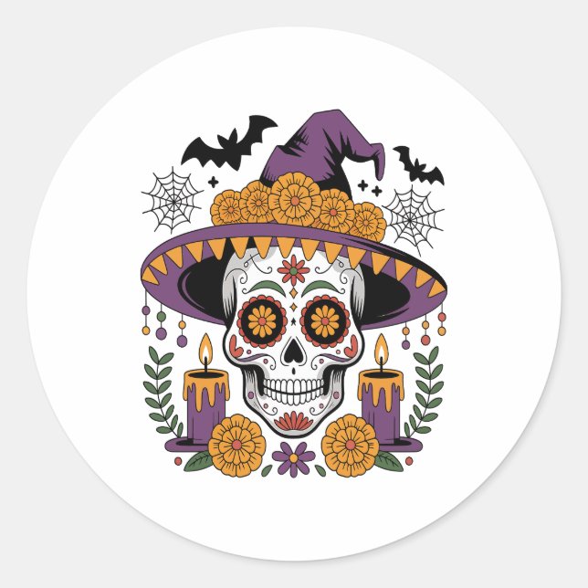 Schädel mit Hexenhutsieb Halloween Vector Runder Aufkleber (Vorderseite)