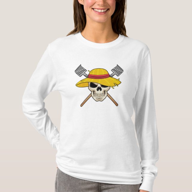 Schädel mit Hut als Bauer mit Rake T-Shirt (Vorderseite)
