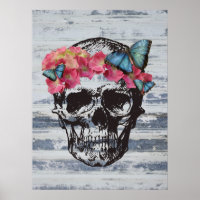 Schädel mit Hydrangea-Blume und Schmetterlingen