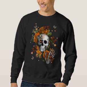 Schädel mit Orange Blume & Schmetterlingen Dunkler Sweatshirt