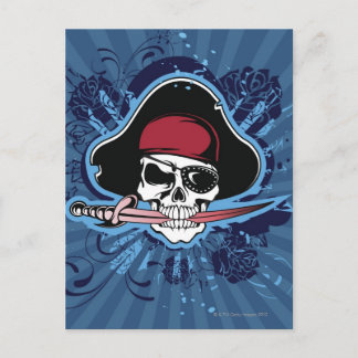 Schädel mit Piratenhut, Augenklappe und Schwert Postkarte