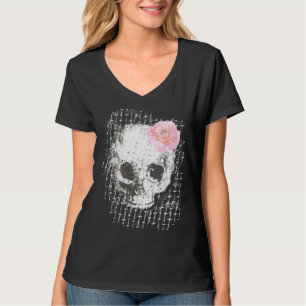 Schädel mit rosa Rose und Metallgewebe T-Shirt