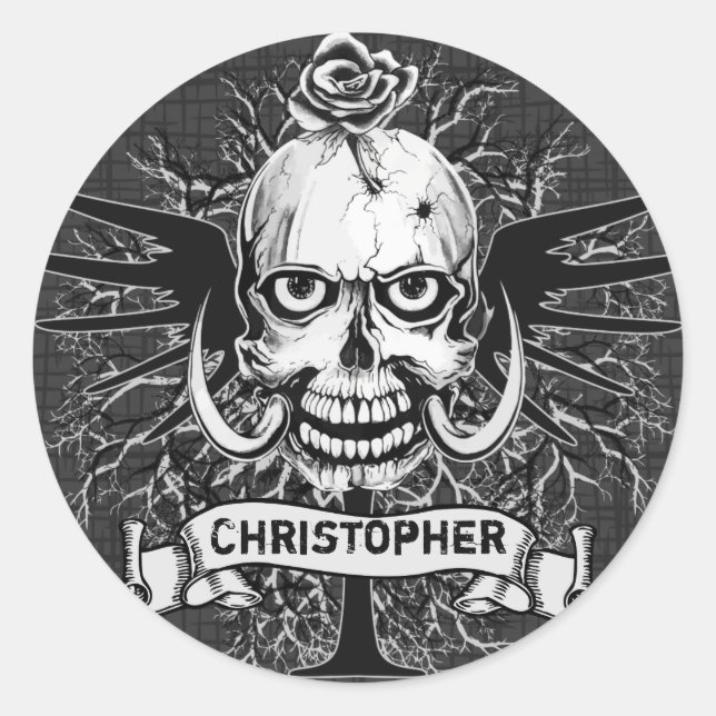 Schädel mit Rose, Hörner, Kreuz, Flügel personalis Runder Aufkleber (Vorderseite)