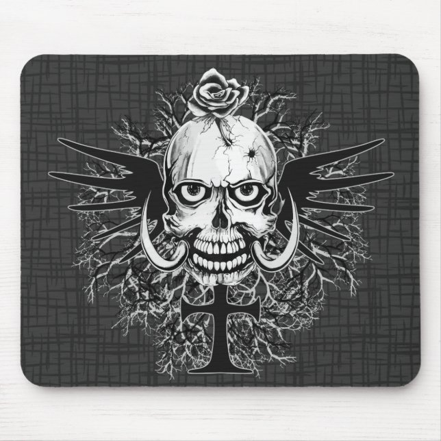 Schädel mit Rose, Hörner, Kreuz, Flügeldarstellung Mousepad (Vorne)
