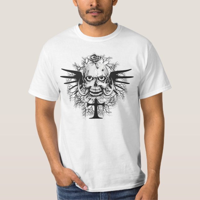 Schädel mit Rose, Hörner, Kreuz, Flügeldarstellung T-Shirt (Vorderseite)