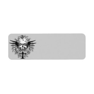 Schädel mit Rose, Hörner, Kreuz, Wings