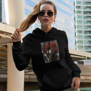 Schädel mit Rose im Freien in Vintagen Blätter Hoodie